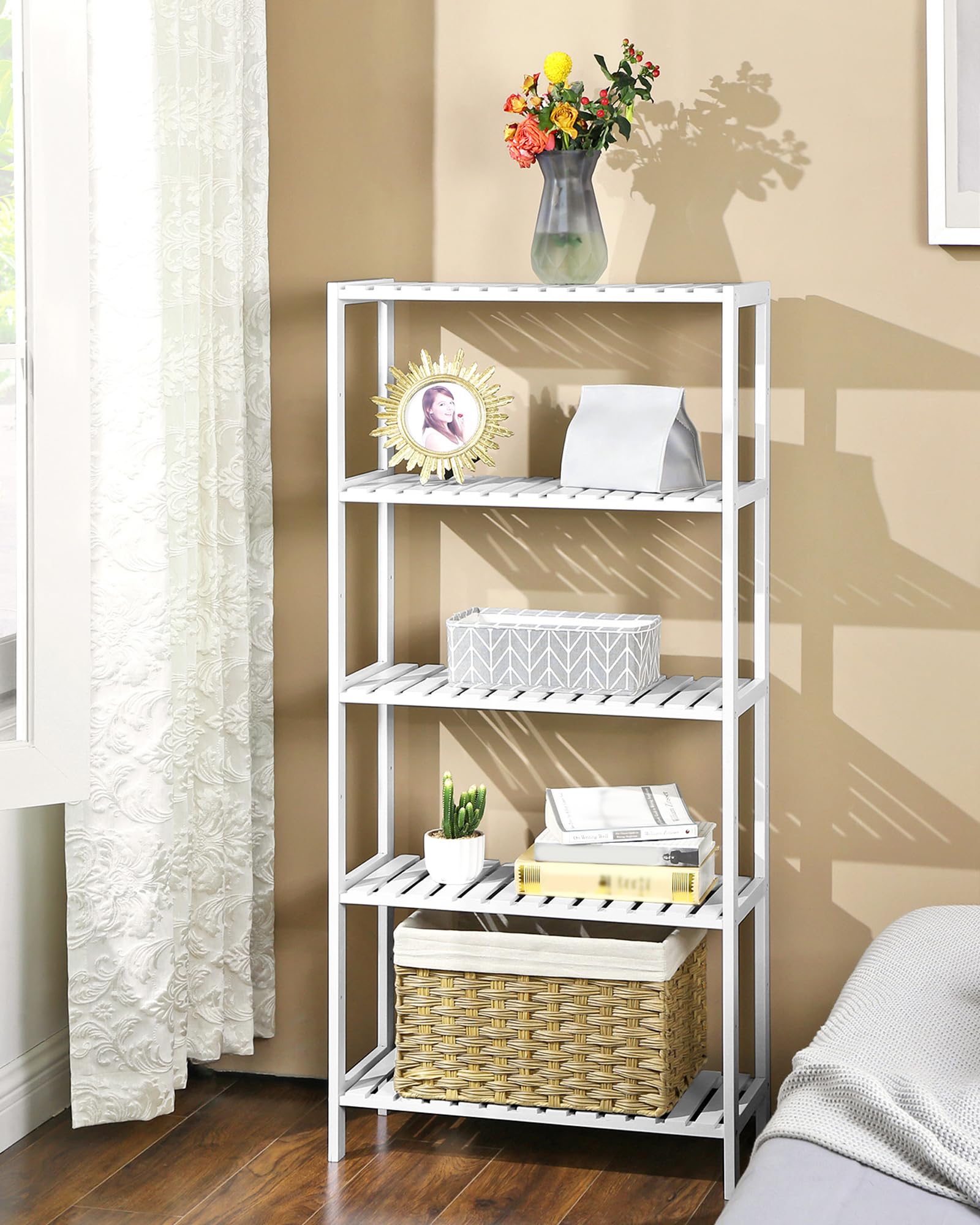 SONGMICS Bamboo Storage Shelf, 5-Tier Shelving Unit, Multifunctional, in The Entryway, Bathroom, Living Room, Balcony, Kitchen, 10.2 x 23.6 x 51.2 Inches, White UBCB35WT