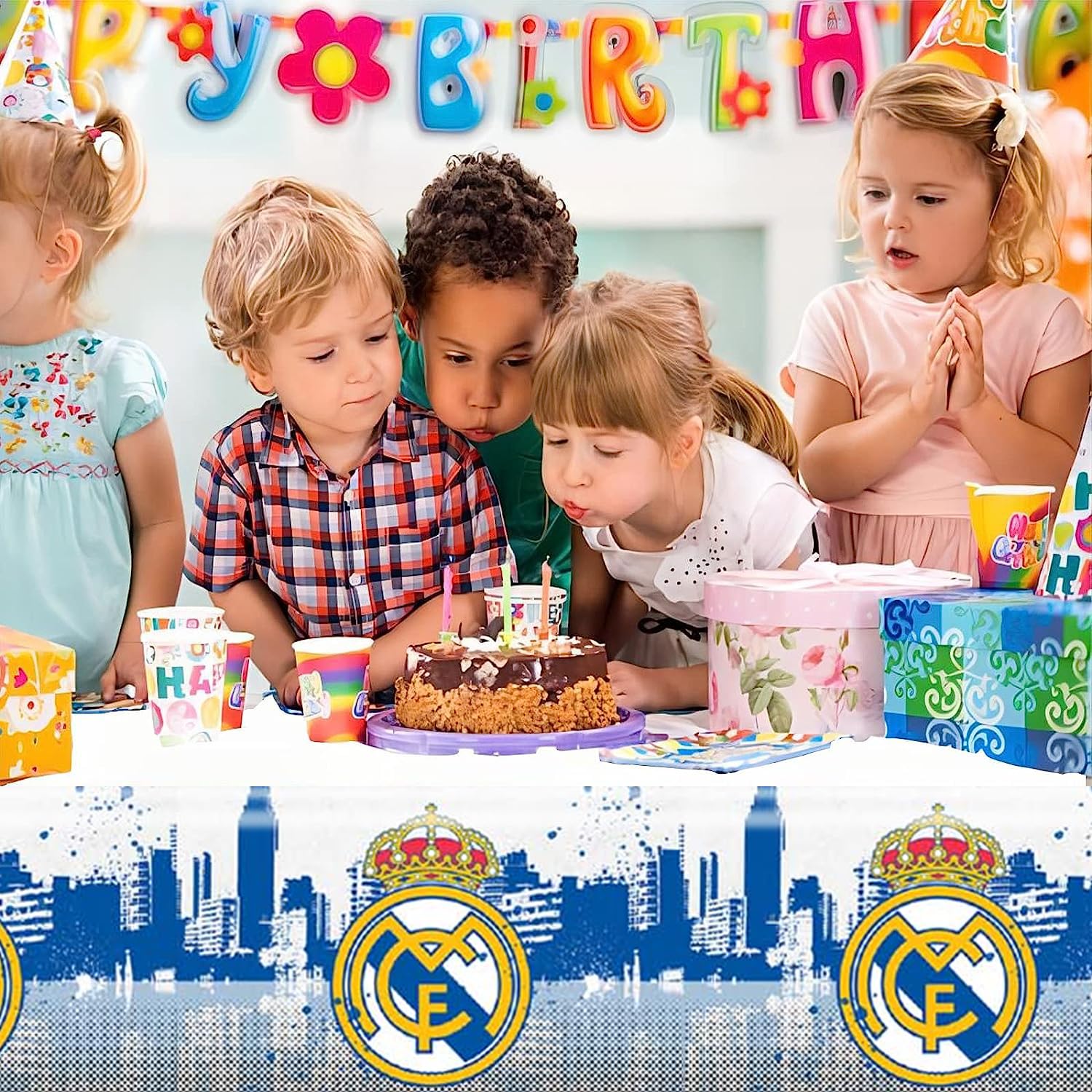 deenor 2Pack Rea Madrid Tablecloth Disposable Tablecover Birthday Party Supplies and Decorations for Kid Boy Baby Shower Rectangle Tables 70"X42"