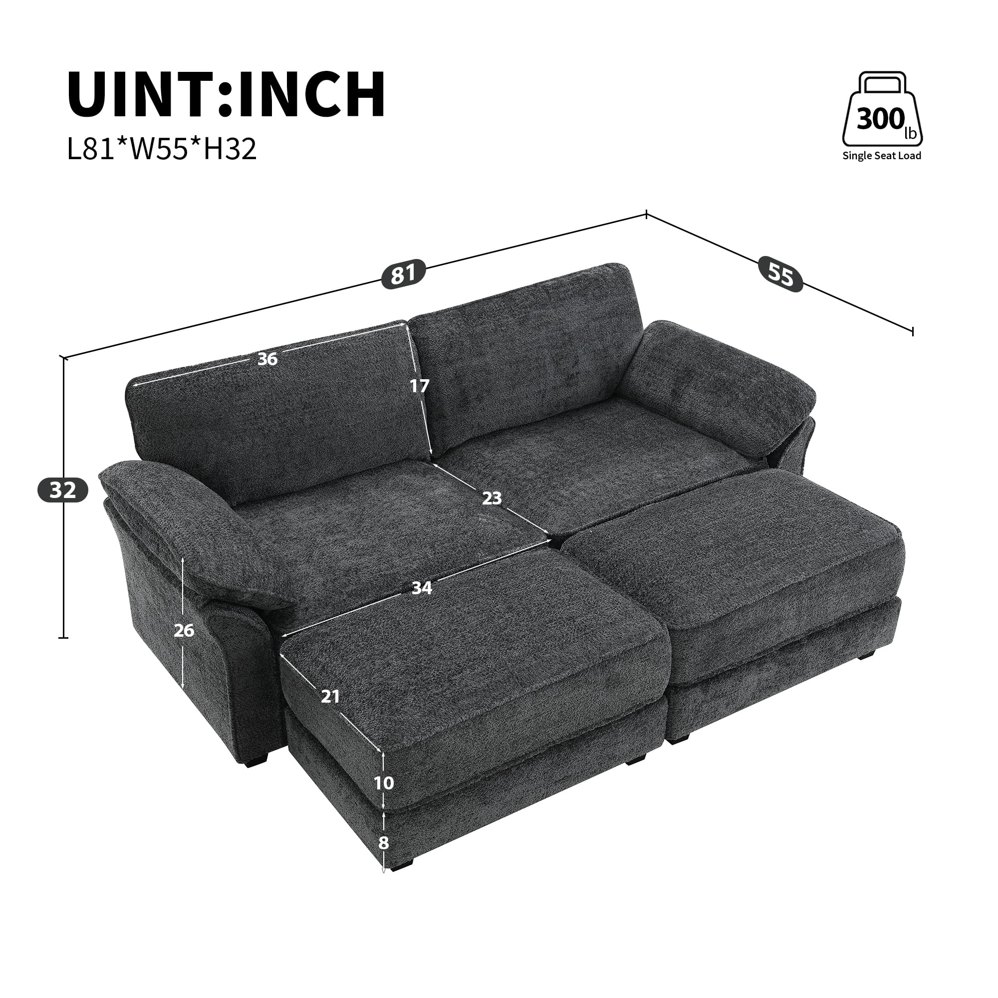 81" Sectional Sofa, Free Combination Modular Convertible Sectional Sofa Bed Set, 4 Seat Upholstered Sleeper Corner Couch, Deep-Seat Loveseat with Ottoman for Living Room, Office, Apartment (Gray)