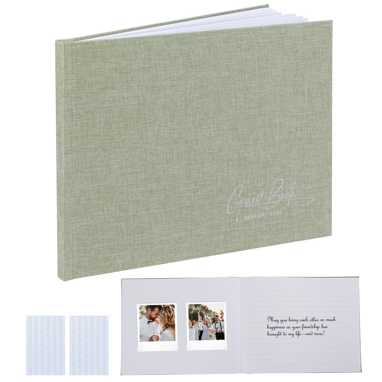 THEXINNX Wedding Guest Book with Photo Corners, Elegant Linen Polaroid Guestbook Sign in Book for Wedding Reception, Bridal Shower, Party or Special Events - Sage 8x10