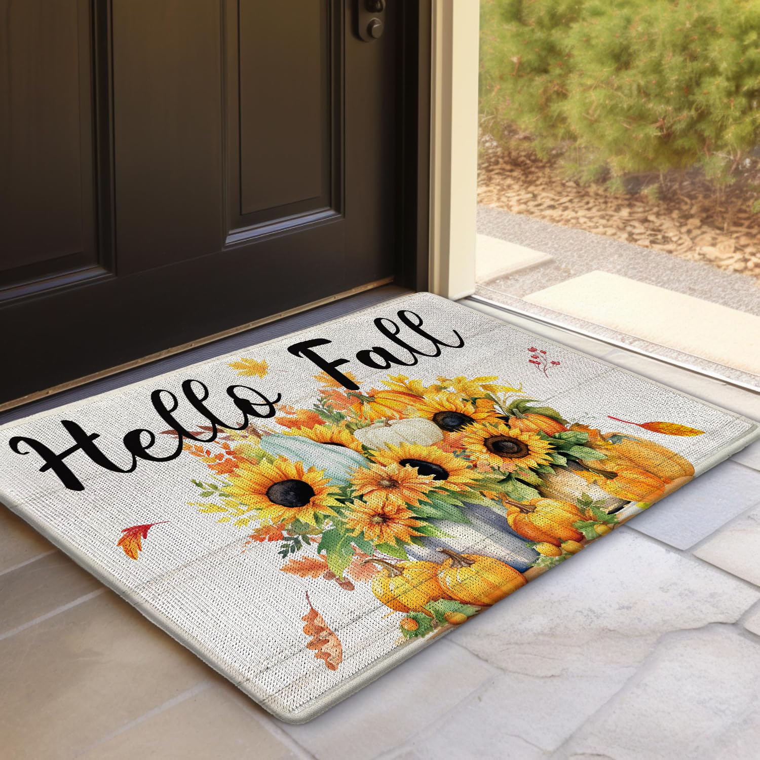 Bnwepo Fall Door Mat Autumn Doormats, Fall Welcome Mat, Hello Fall, Kitchen Mat Pumpkin Sunflower House Outdoor Mat, Farmhouse Front Door Porch Outdoor Indoor 17 x 30 Inch