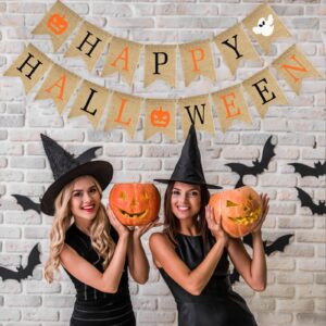 GCQQ Happy Halloween Banner, Prestrung Halloween Banner Burlap, Ghost Burlap Bannner, Black and Orange Halloween Banner Sign, Burlap Halloween Banner for Fireplace, Mantle, Doorway Halloween Party