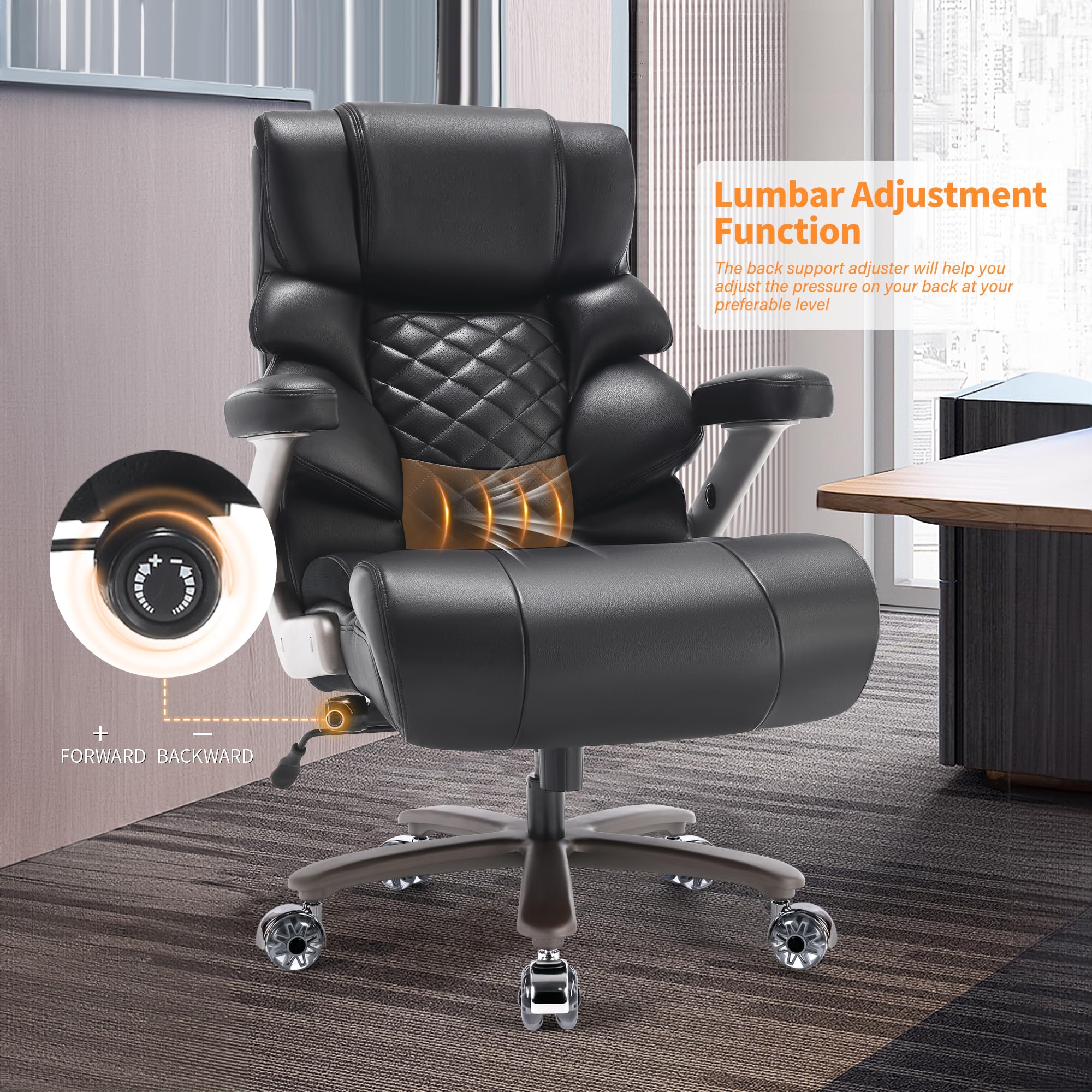 VUZI 500lbs Big and Tall Office Chair-Large Computer Chair with Adjustable Lumbar Support 3D Flip Arms Plus Size Wheels, High Back Executive Desk Chair, Heavy Duty Metal Base, Thick Padded Wide Seat