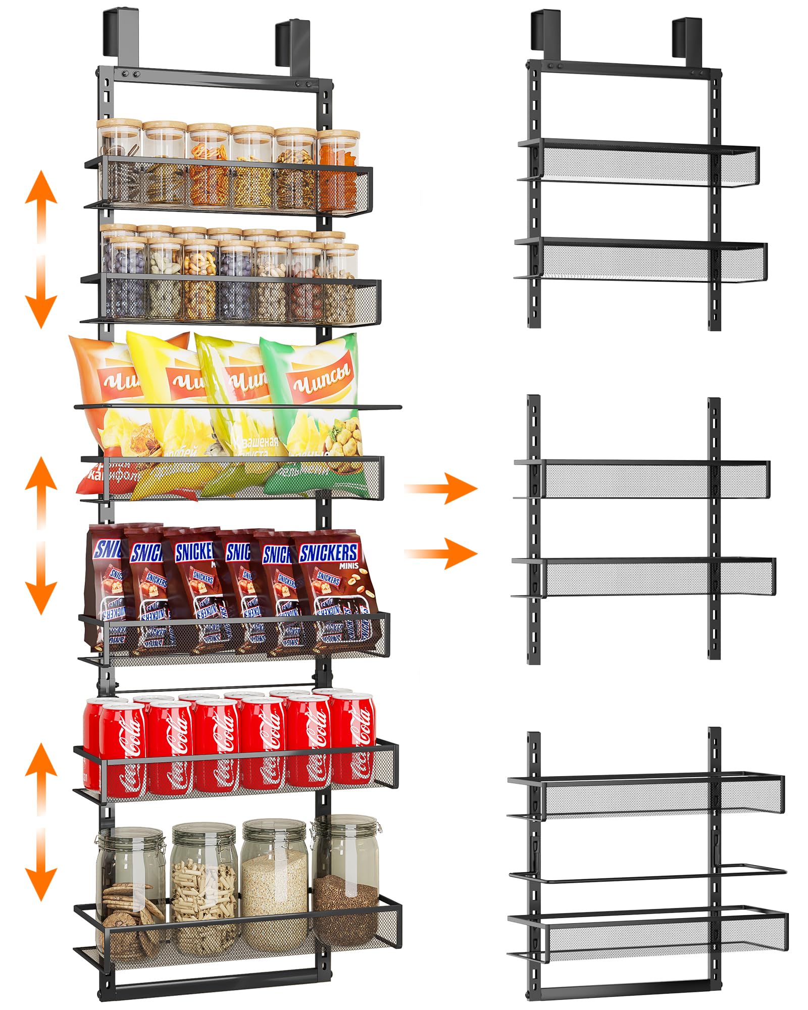 Over the Door Pantry Organizer, Pantry Door Organizer 6-Tier Mesh Basket, Pantry Hanging Storage Baskets with Adjustable Hooks Hanging & Wall Mounted，for Kitchen, Bathroom,Storage Room (Black)