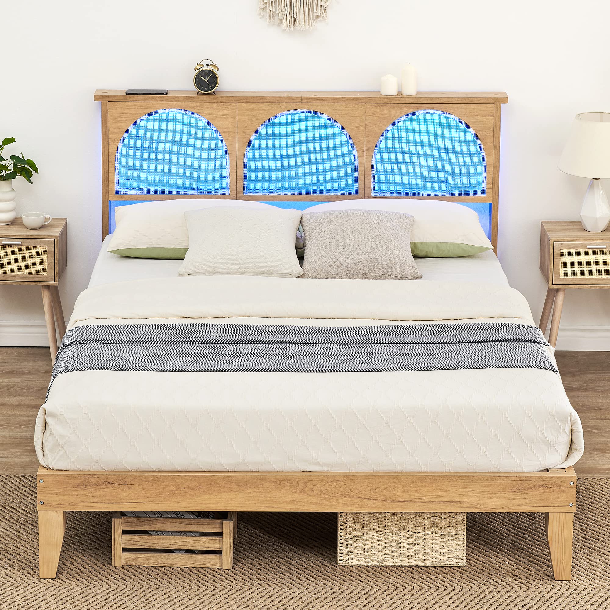 IDEALHOUSE Full Bed Frame with Rattan Headboard - Full Size Bed Frame with LED Lights, Boho Platform Bed Frame Full Size with Wooden Support Legs,No Box Spring Needed/Noise-Free/Easy Assembly