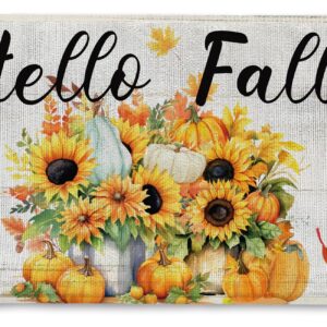 Bnwepo Fall Door Mat Autumn Doormats, Fall Welcome Mat, Hello Fall, Kitchen Mat Pumpkin Sunflower House Outdoor Mat, Farmhouse Front Door Porch Outdoor Indoor 17 x 30 Inch