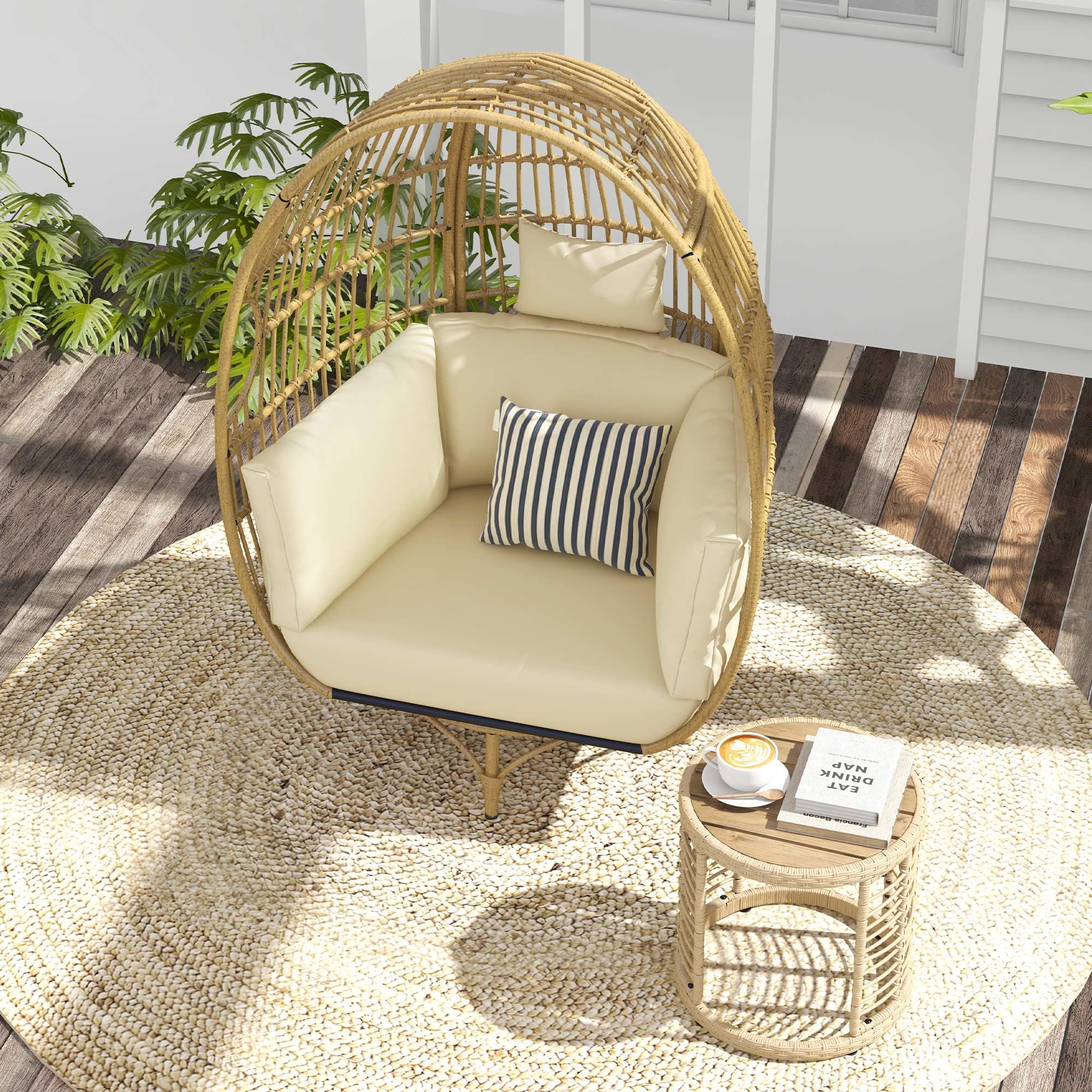 YITAHOME 360° Swivel Egg Chair Outdoor, 400lbs Capacity Oversized Patio Rotating Basket Chair, All-Weather Wicker Egg Lounger Chair for Outside Indoor (Beige)