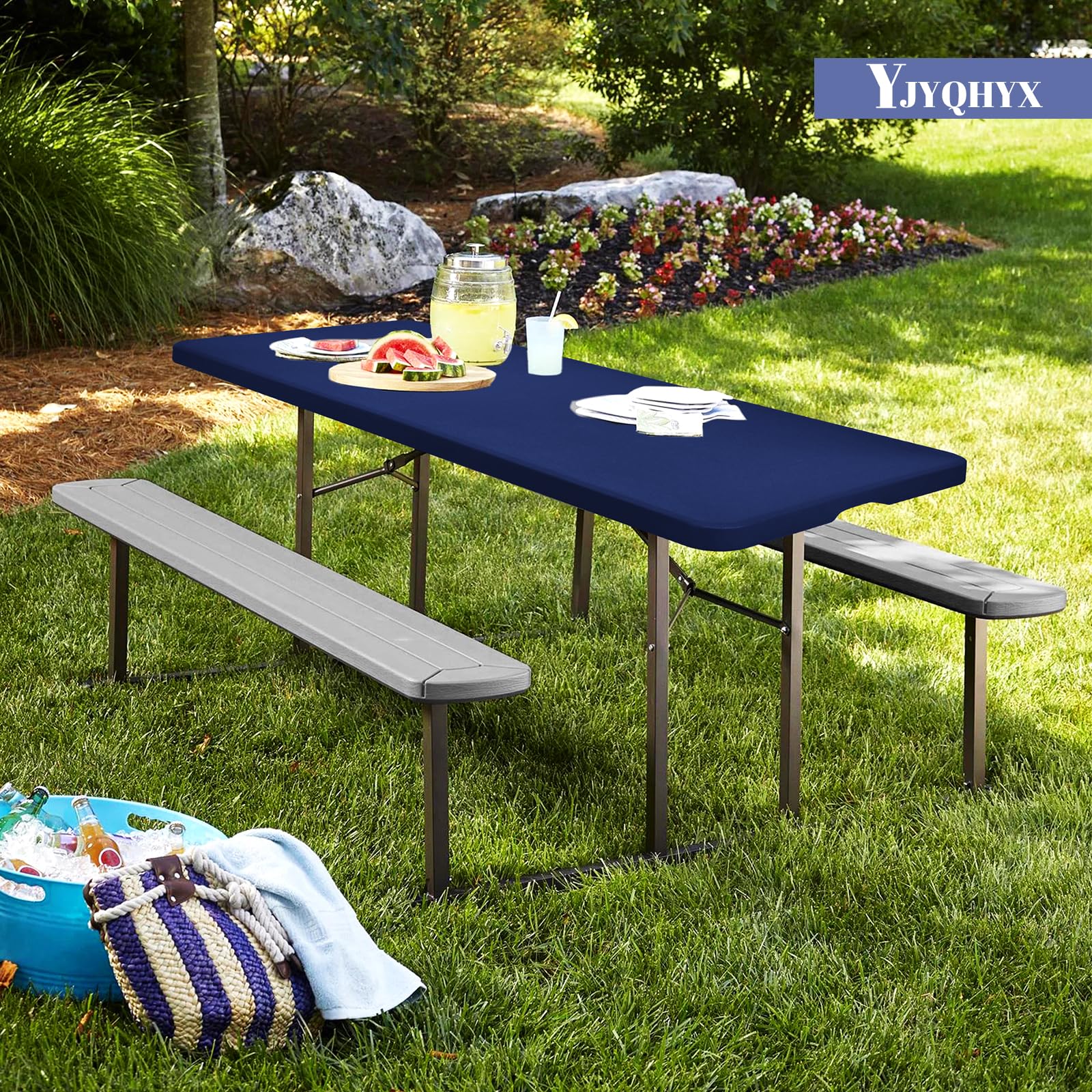 YJYQHYX 8 Pack Spandex Table Top Covers for 6ft Table, Stretch Fabric Table Covers Washable Elastic Polyester Tablecloth for Home Parties, Banquet, Outdoor Picnics, Weddings (Navy Blue, 30"x72")