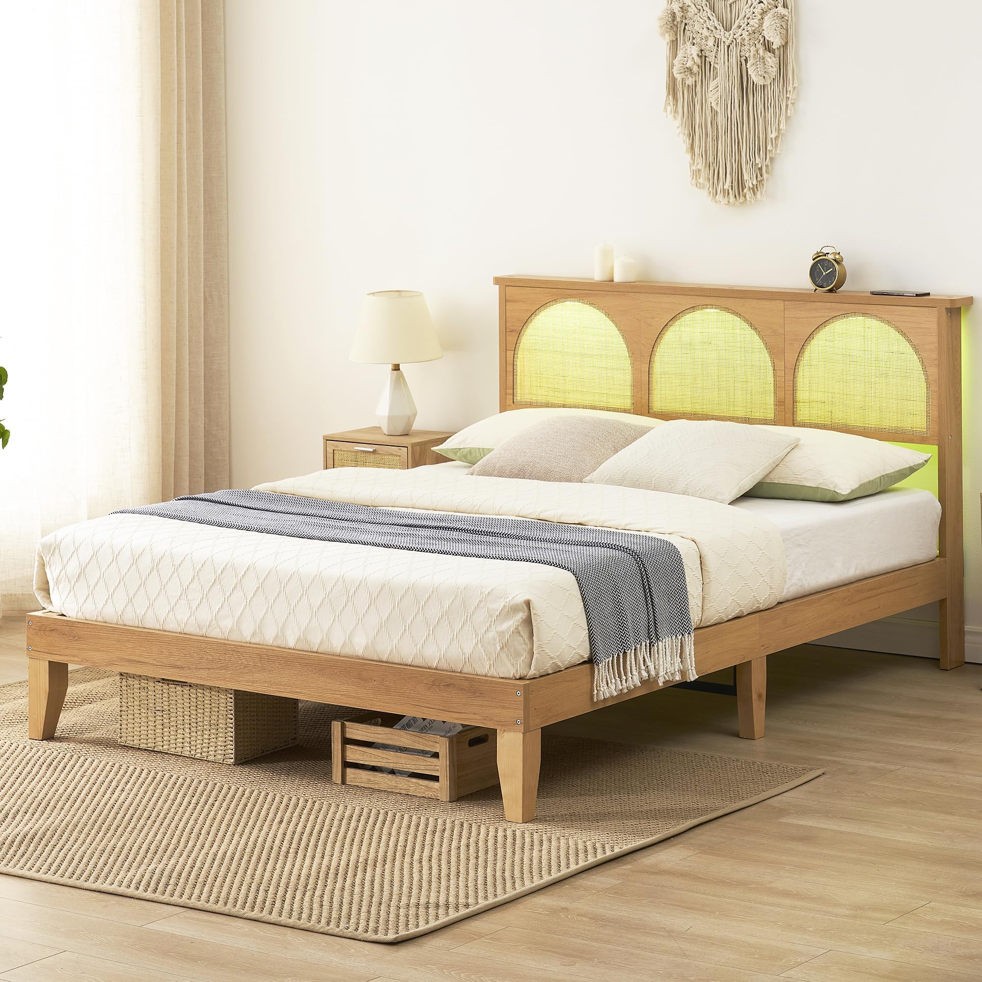 IDEALHOUSE Full Bed Frame with Rattan Headboard - Full Size Bed Frame with LED Lights, Boho Platform Bed Frame Full Size with Wooden Support Legs,No Box Spring Needed/Noise-Free/Easy Assembly