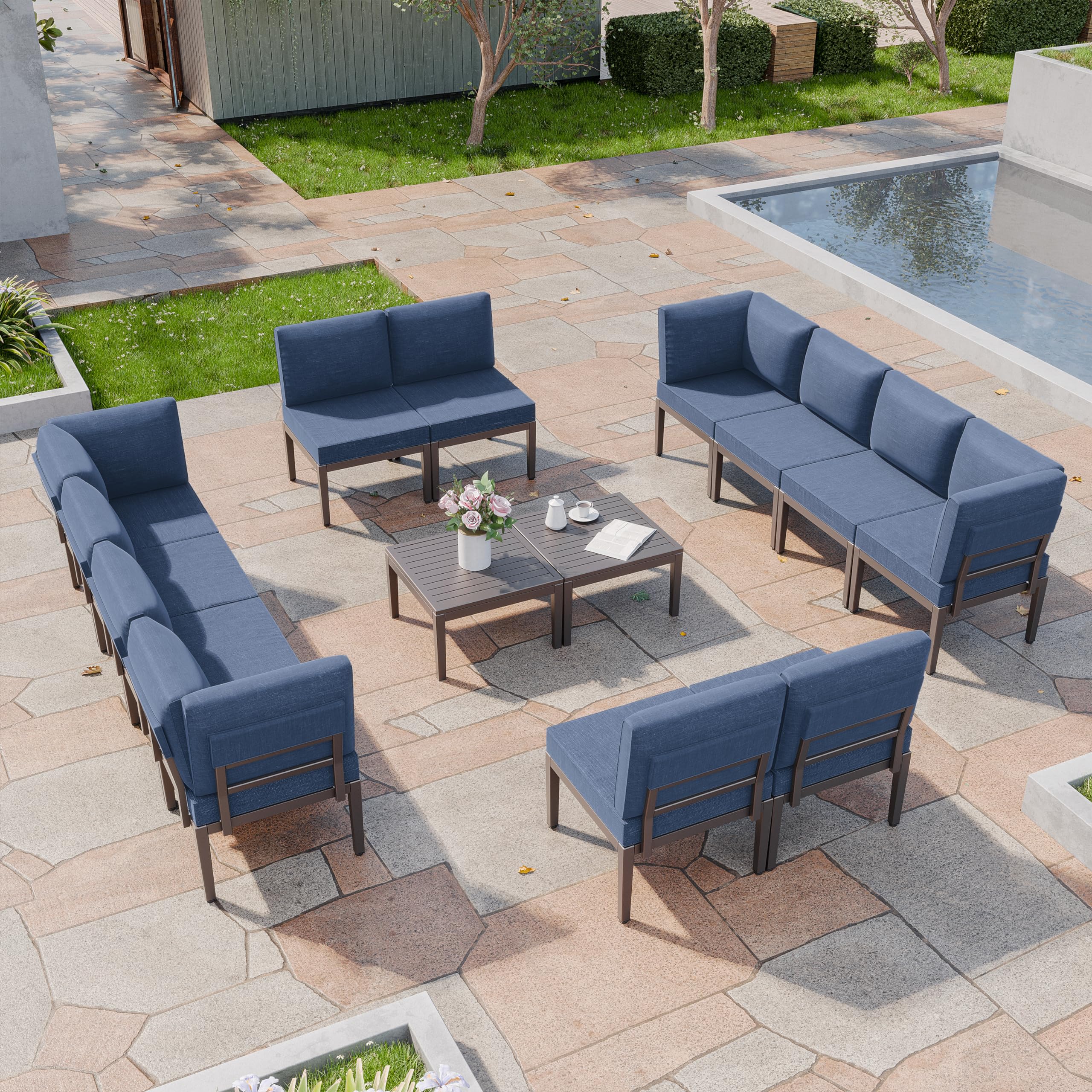 RTDTD 14-Piece Patio Furniture Set Metal Conversation Sectional Set with Coffee Table and Thick Cushion Modern Style Outdoor Patio Sofa Set Suitable for Patio, Backyard and Deck(Navy Blue)