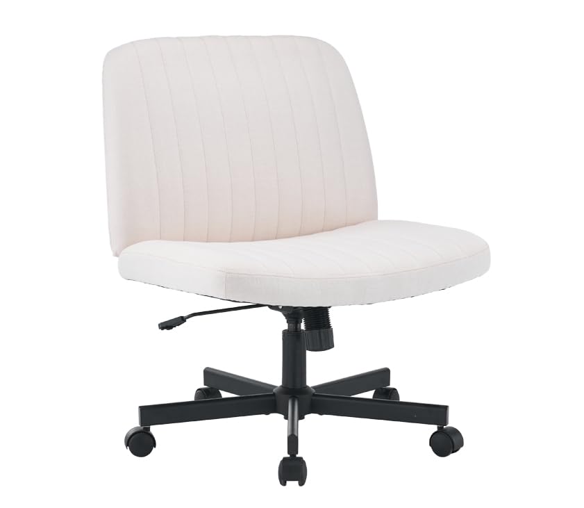 Fuqido Criss Cross Chair with Wheels, Wide Seat Cross Legged Armless Office Chair, Swivel Vanity Chair Height Adjustable, Fabric Ergonomic Office Desk Chair, Computer Chairs for Living Room Makeup