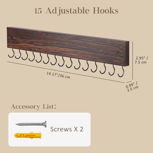 Lolalet Wooden Necklace Holder for Wall with 15 Hooks, Necklaces Hanger Easy Install Wall Mount Necklace Organizer, Jewelry Hangers for Chains, Bracelets, Earrings -Brown