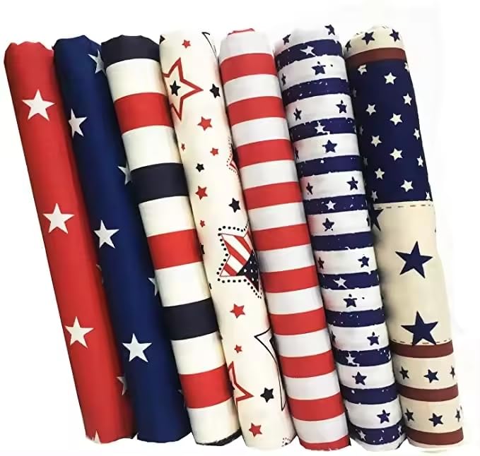 AMORNPHAN 7pcs 4th of July Cotton Fabric Squares Patriotic American Flag Strips Decoration Print Quilting Bundles Fat Quarters for DIY Craft Sewing Patchwork Needlework 16x20 Inches