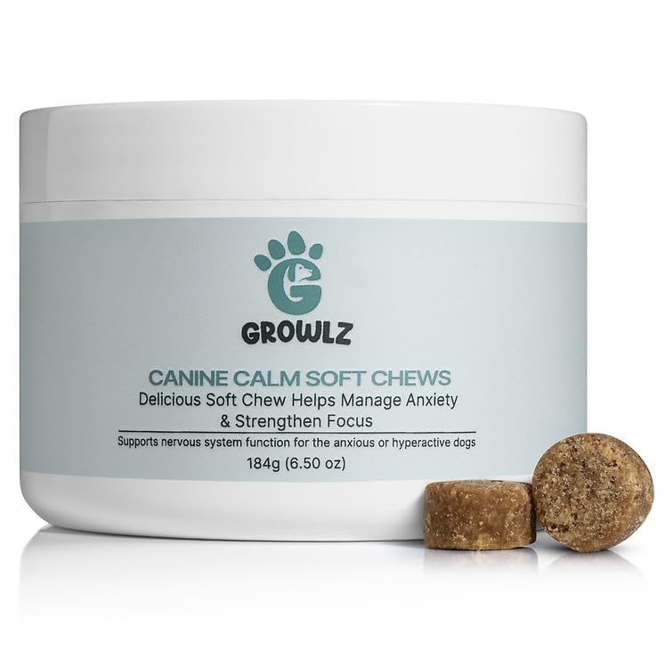 Growlz Dog Calming Chews: Anxiety Relief & Travel Treats - K9 Soothing Soft Chews to Promote Relaxation for Crate, Sleep, & Grooming - USA Made with Human Grade Ingredients 90 Count