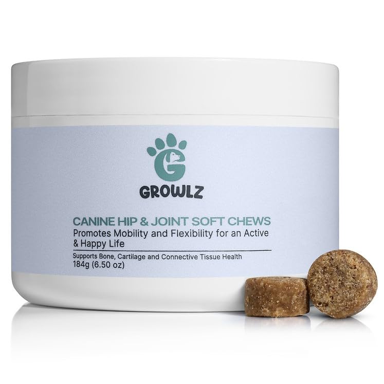 Growlz Dog Hip and Joint Chew: Reduce Pain, Encourage Mobility - Treats Hip Dysplasia and Arthritis - Glucosamine - Chondroitin - Turmeric - USA Made with Human-Grade Ingredients 90 Count