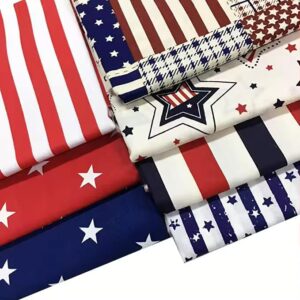 AMORNPHAN 7pcs 4th of July Cotton Fabric Squares Patriotic American Flag Strips Decoration Print Quilting Bundles Fat Quarters for DIY Craft Sewing Patchwork Needlework 16x20 Inches