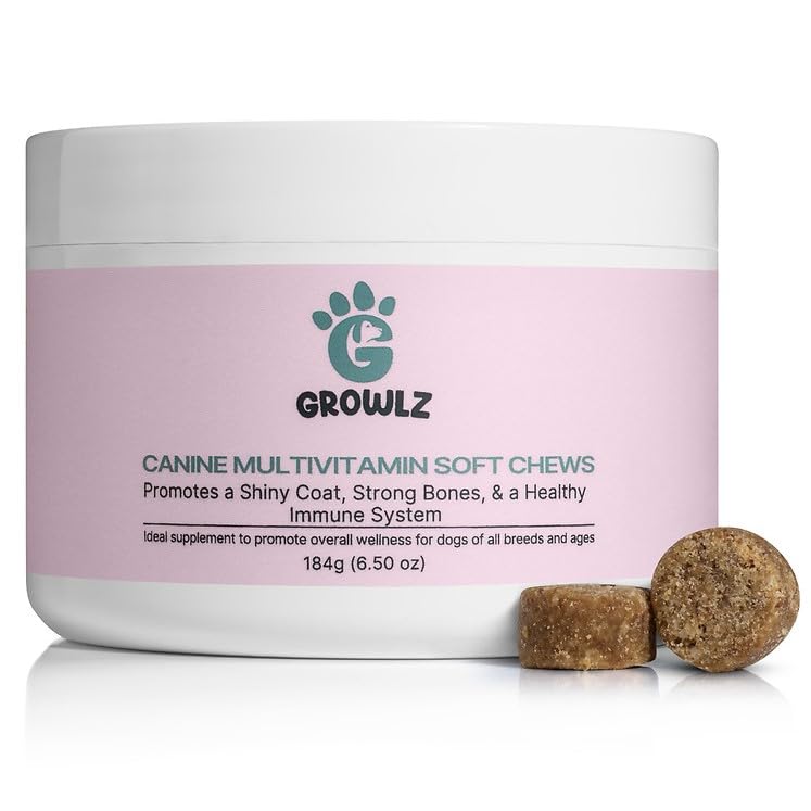 Growlz Dog Multivitamin Chews: Helps Digestion, Muscle and Bone Growth, Healthy Skin and Coat - Salmon Oil - Glucosamine - Gut and Immune Support - USA Made - 90 Count