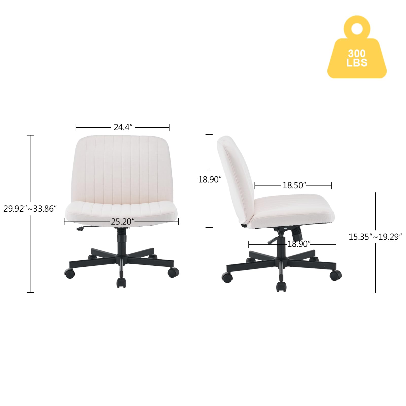 Fuqido Criss Cross Chair with Wheels, Wide Seat Cross Legged Armless Office Chair, Swivel Vanity Chair Height Adjustable, Fabric Ergonomic Office Desk Chair, Computer Chairs for Living Room Makeup