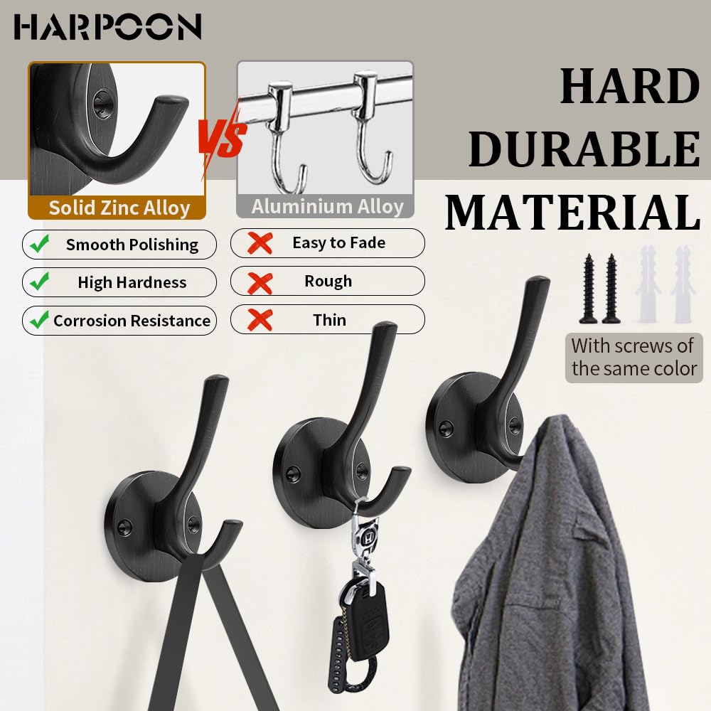 HARPOON 5 Pcs Prong Hook, Heavy Duty Two Flared Coat Hooks,Wall Mounted with 4 Screws,Utility Hooks for Scarf, Bag, Towel, Key, Cap, Cup, Hat Oil Rubbed Bronze