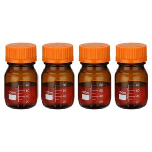 patikil 4 pack reagent media storage bottles, 100ml borosilicate glass graduated round bottles with orange gl32 screw cap for lab water reagent liquids, amber