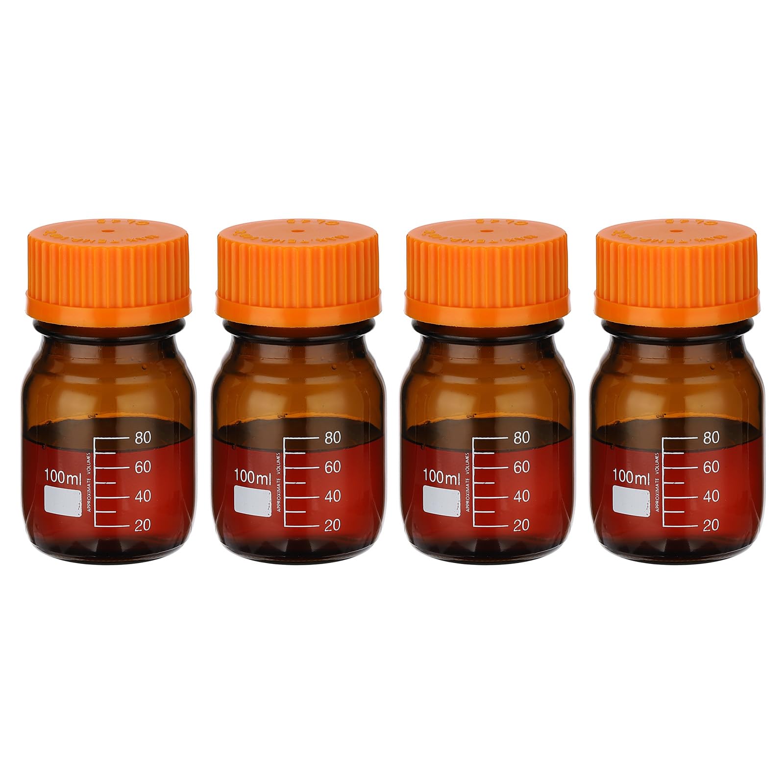 PATIKIL 4 Pack Reagent Media Storage Bottles, 100ml Borosilicate Glass Graduated Round Bottles with Orange GL32 Screw Cap for Lab Water Reagent Liquids, Amber