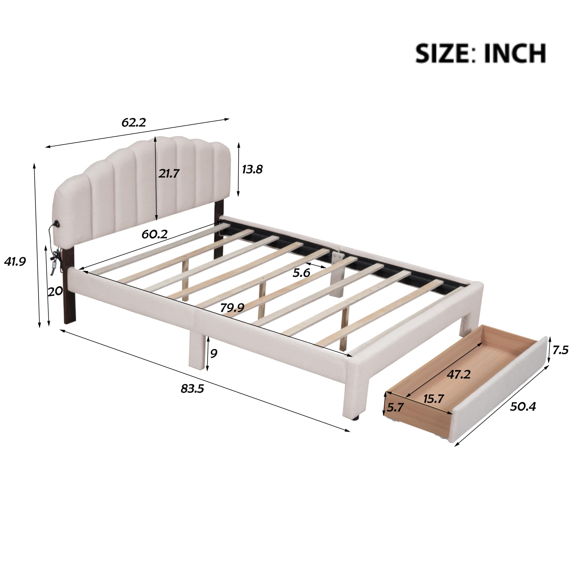 Favfurish Teddy Fleece Queen Size Upholstered Platform Bed,with Storage Drawer,Wooden Bedframe w/LED Lights and USB Ports,No Box Spring Needed, for Bedroom,Guest Room, Beige