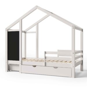 ATY Twin Size Platfrom Bed with Two Storage Drawers and Blackboard Design, Solid Wood House Shaped Bedframe w/Roof, Save Space & No Box Spring Needed, for Kids Bedroom, Dorm, White