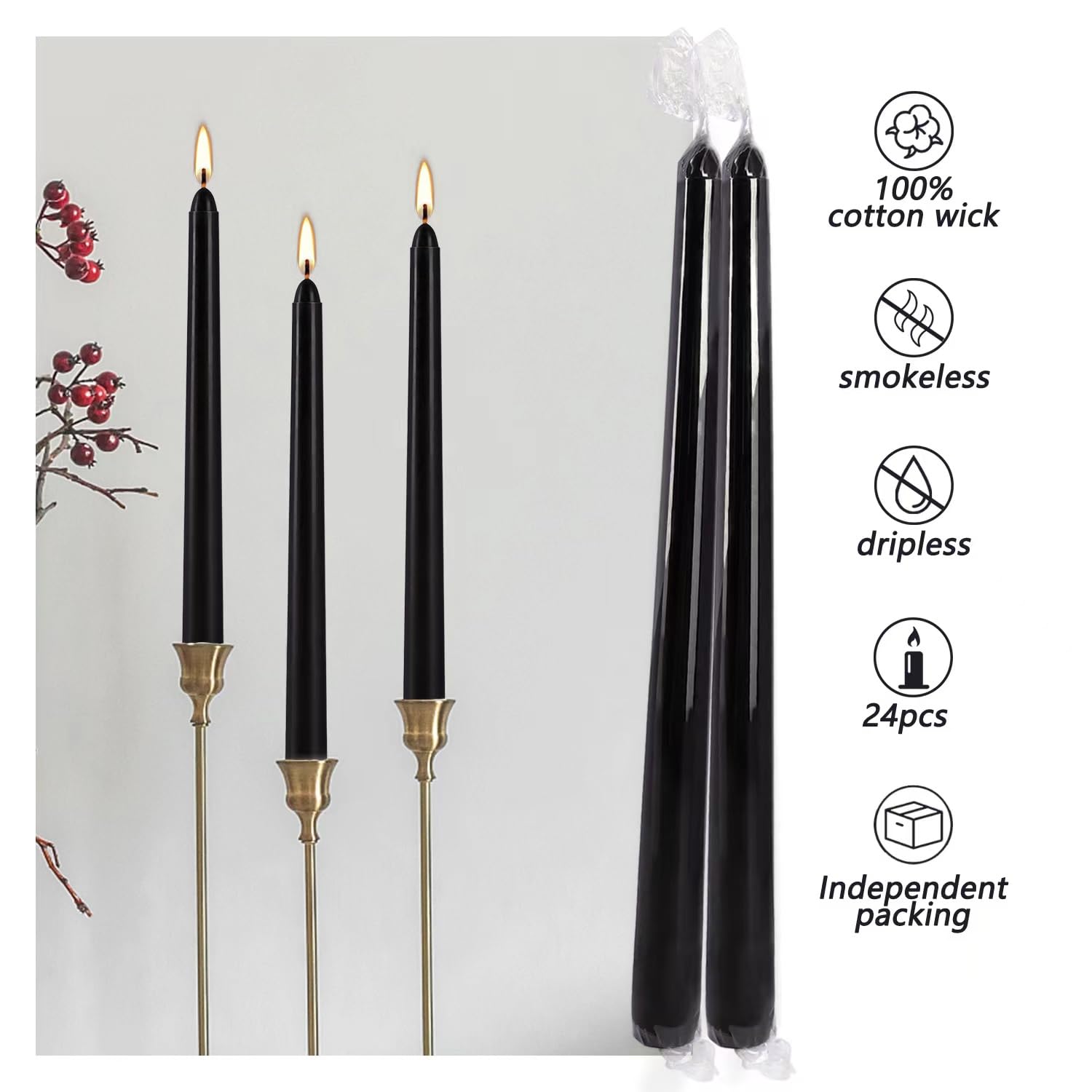 YOROXRG 24 Pack Black Taper Candles, 7-8 Hours Burn Time, Unscented, Smokeless and Dripless, 0.75 x 10 Inch Dinner Candle Set for Household, Wedding, Party and Home Décor Candlesticks