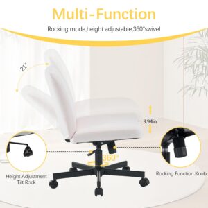 Fuqido Criss Cross Chair with Wheels, Wide Seat Cross Legged Armless Office Chair, Swivel Vanity Chair Height Adjustable, Fabric Ergonomic Office Desk Chair, Computer Chairs for Living Room Makeup