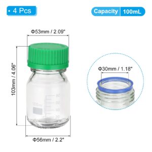 PATIKIL 4 Pack Reagent Media Storage Bottles, 100ml Borosilicate Glass Graduated Round Bottles with GL32 Green Screw Cap for Lab Water Reagent Liquids, Clear