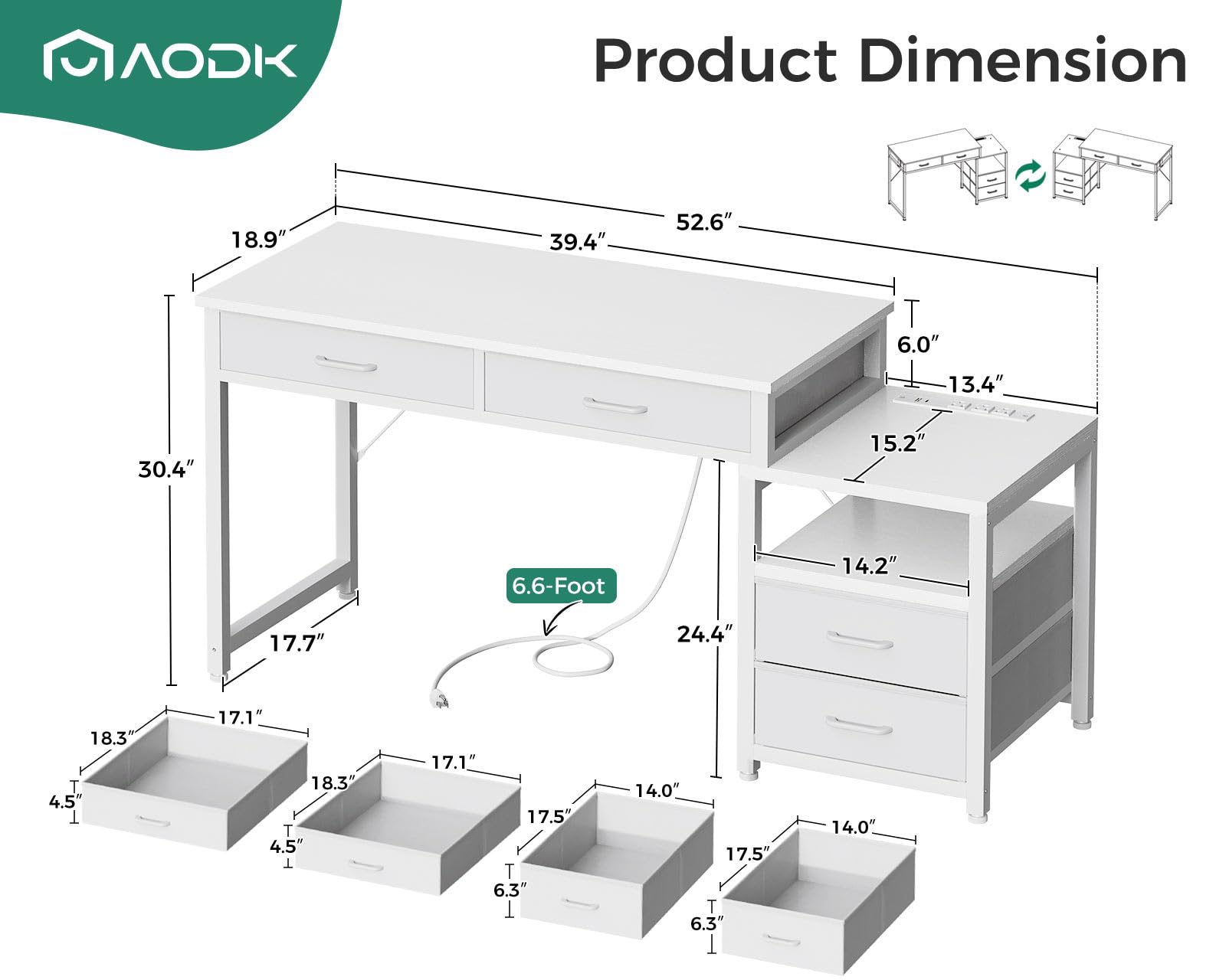 AODK Computer Desk with 4 Drawers and USB Power Outlets, Reversible Home Office Desk with Printer Stand, Small Desk with Storage Shelf, Study Writing Work Table for Bedroom, Vanity Desk, White, 53"