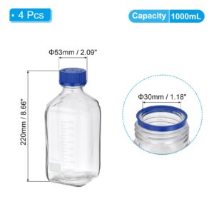 PATIKIL 4 Pack Reagent Media Storage Bottles, 1000ml Borosilicate Glass Square Graduated Round Bottles with GL32 Blue Screw Cap for Lab Water Reagent Liquids, Clear