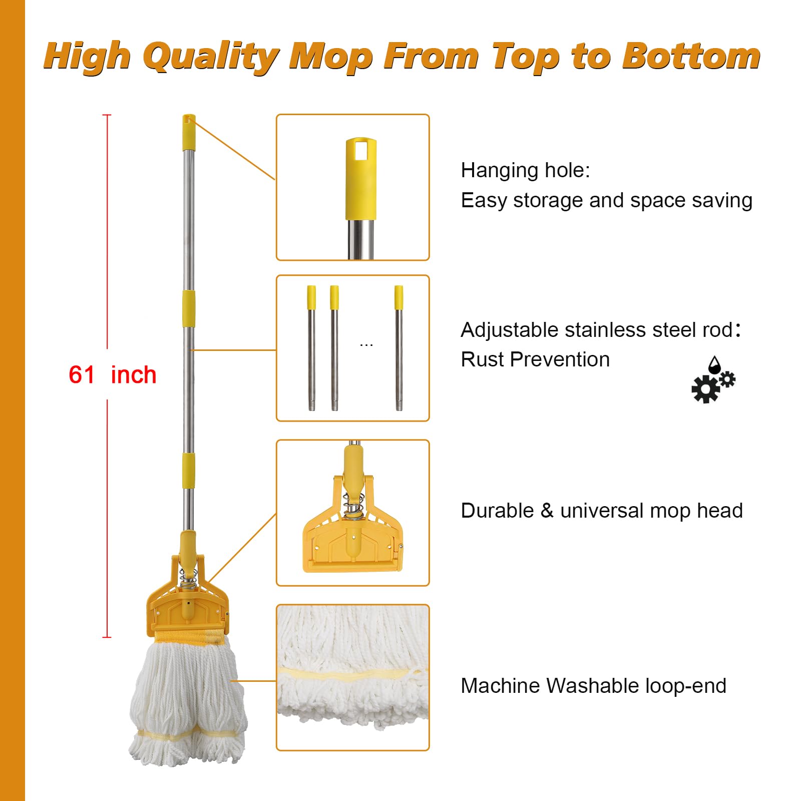 Commercial Mop Heavy Duty Industrial Cotton Mop, 61 inch Metal Commercial Mop Stick for Home, Garage,Office, Workshop, Warehouse Floor Cleaning, 1 Pack