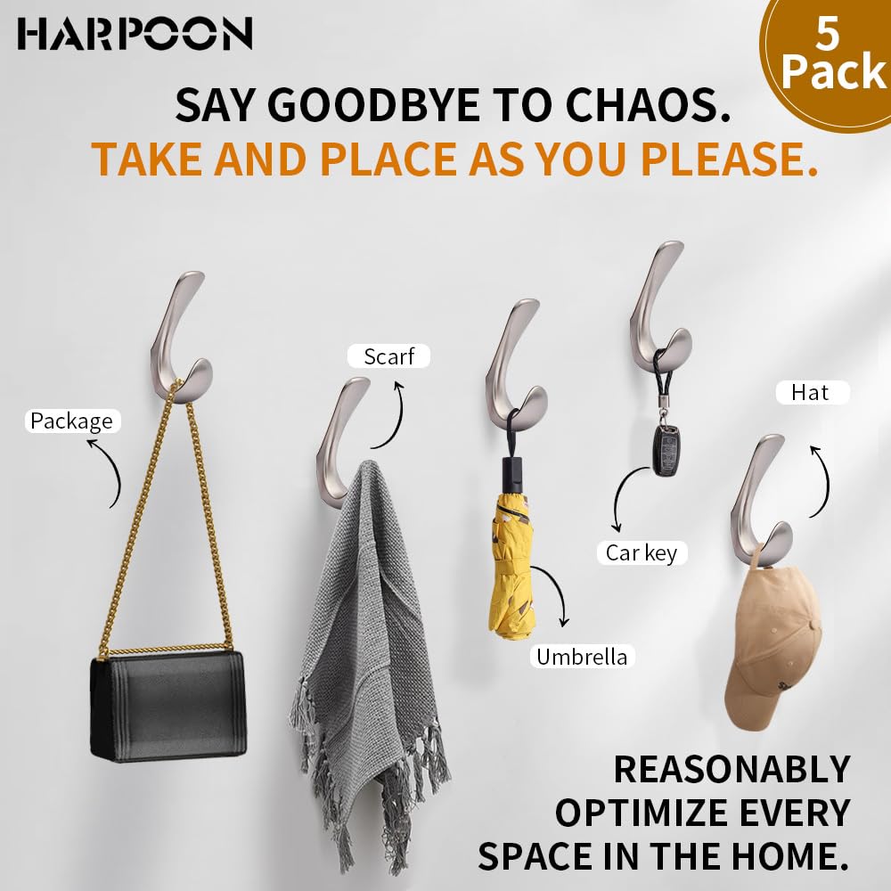 HARPOON 5 Piece Heavy Duty Hook,Wall Mounted Rustproof Coat Hook,Utility Hooks for Coat, Scarf, Bag, Towel, Key, Cap, Cup, Hat Satin Nickel