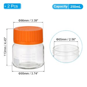 PATIKIL 2 Pack Reagent Media Storage Bottles, 250ml Borosilicate Glass Wide Mouth Graduated Round Bottles with Orange GL32 Screw Cap for Lab Water Reagent Liquids, Clear