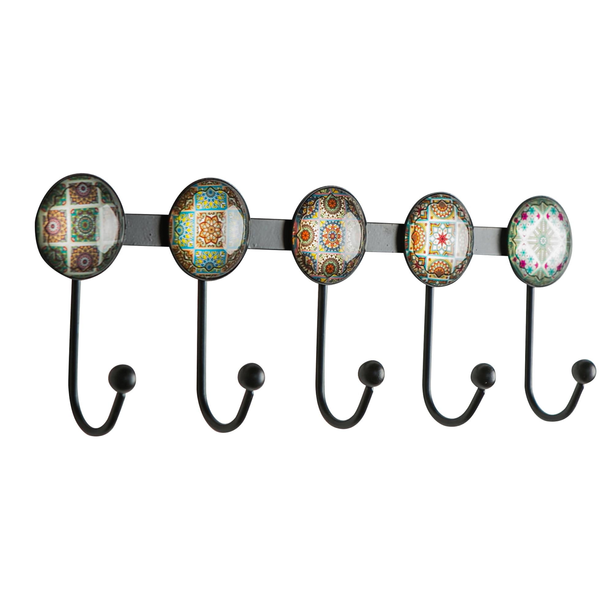 Banllis Boho Coat Rack Wall Mounted with 5 Hooks, Forest Theme Mandala Pattern Decorative Wall Hooks for Hanging Hat, Key, Towel, Purse, Bag, and Robe - for Entryway, Bathroom, and Kitche