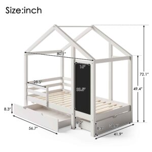 ATY Twin Size Platfrom Bed with Two Storage Drawers and Blackboard Design, Solid Wood House Shaped Bedframe w/Roof, Save Space & No Box Spring Needed, for Kids Bedroom, Dorm, White