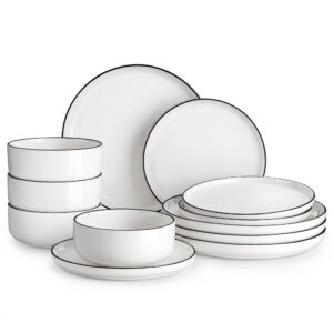 malacasa plates and bowls sets, 12 pieces modern porcelain dinnerware set for 4 white kitchen dinner dining ware set wtih black rim ceramic dishware dishes microwave and dishwasher safe, series luna