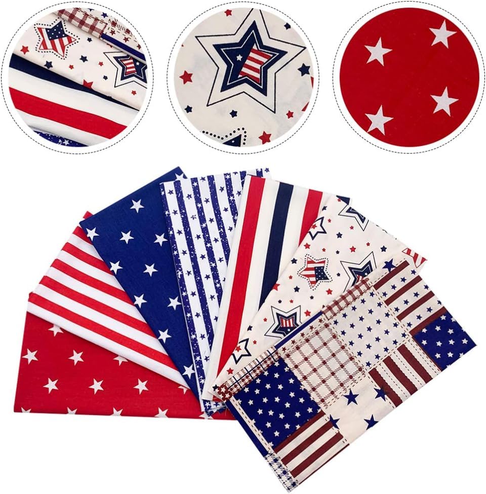 AMORNPHAN 7pcs 4th of July Cotton Fabric Squares Patriotic American Flag Strips Decoration Print Quilting Bundles Fat Quarters for DIY Craft Sewing Patchwork Needlework 16x20 Inches