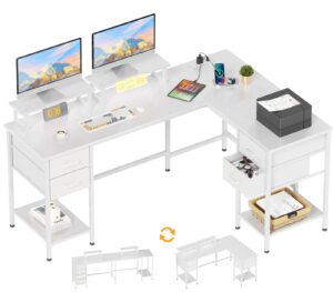 korfile l shaped computer desk with power outlets, home office desk with 4 adjustable storage drawers, corner desk with 2 monitor stands, two person gaming desk for bedroom, 59 inch, white