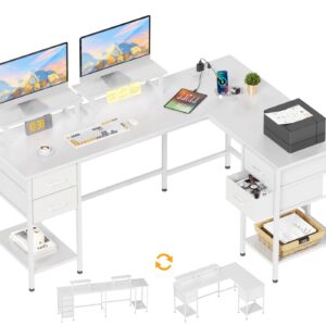 Korfile L Shaped Computer Desk with Power Outlets, Home Office Desk with 4 Adjustable Storage Drawers, Corner Desk with 2 Monitor Stands, Two Person Gaming Desk for Bedroom, 59 inch, White