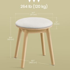 SONGMICS HOME BOHOVEN Collection - Vanity Stool, Upholstered Makeup Stool with Solid Wood Legs, Round Footstool, Non-Slip Foot Pads, Boho Style, for Bedroom, Makeup Room, Cream White and Oak Beige