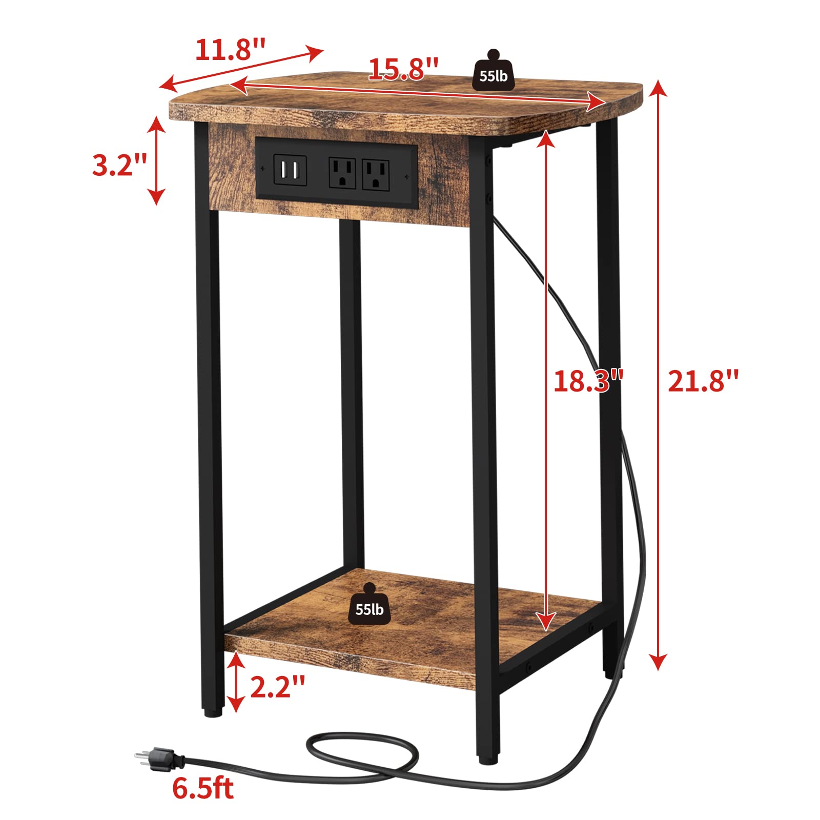 SOOWERY Set of 2 End Tables with Charging Station, Side Tables with USB Ports and Outlets, Nightstands with Storage Shelf for Living Room, Bedroom, Rustic Brown