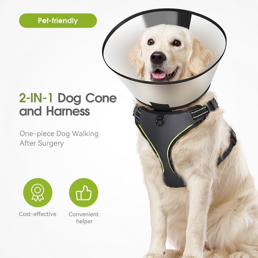 2-in-1 Dog Cone Collar & Harness: Elizabethan Collar After Surgery for Small Dogs - No Pull Dog Vest Harness Escape Proof Walking Jogging - S