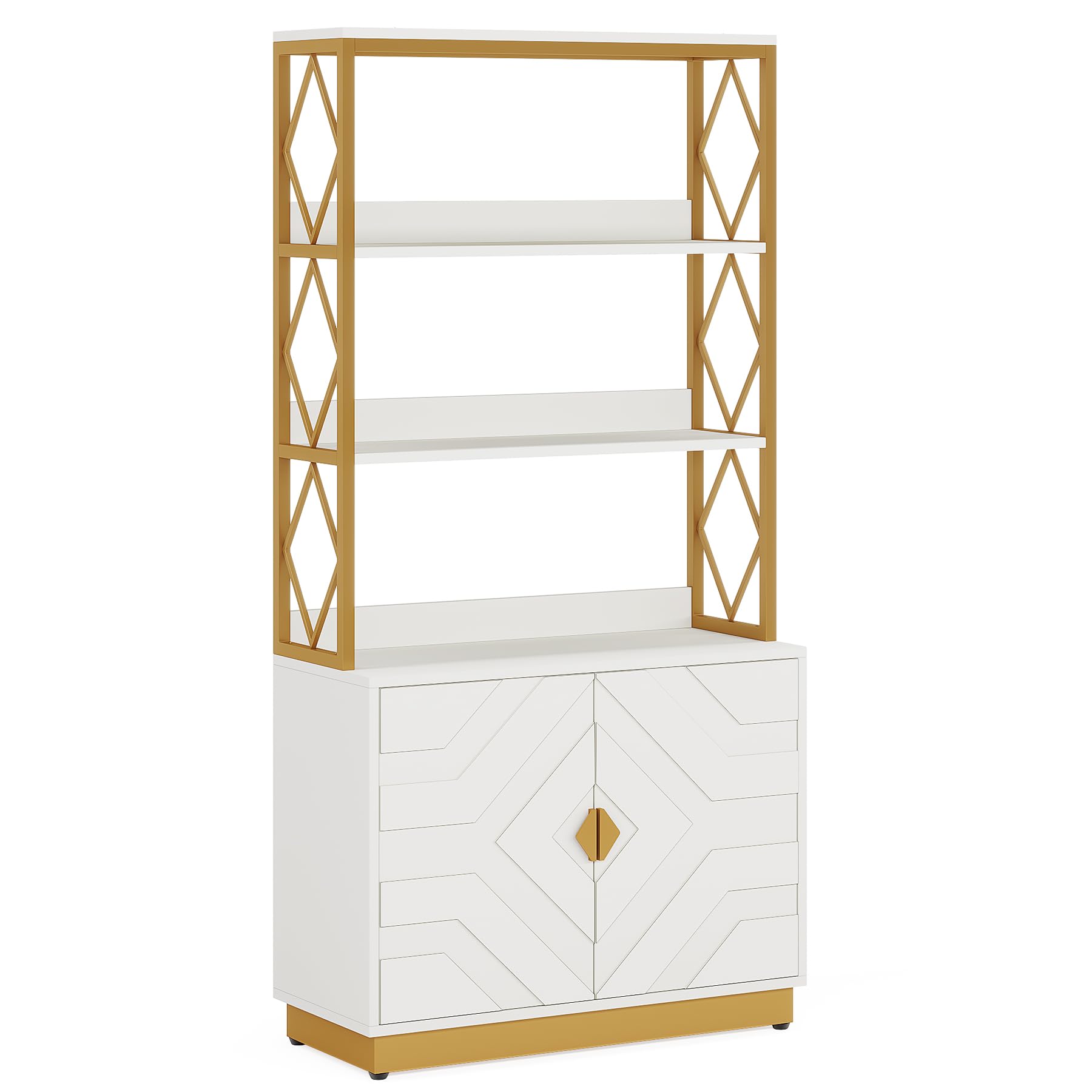 Tribesigns White and Gold Bookshelf with Doors: 70.9 Inches Tall Etagere Bookcase Set of 2, Modern Open Display Book Shelves with Metal Frame for Living Room Bedroom Office