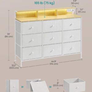 SONGMICS Dresser for Bedroom, Storage Organizer with 9 Fabric Drawers and LED Lights, Charging Station, Steel Frame, 13.2 x 44.9 x 33 Inches, Entryway, Cloud White ULTS519W01