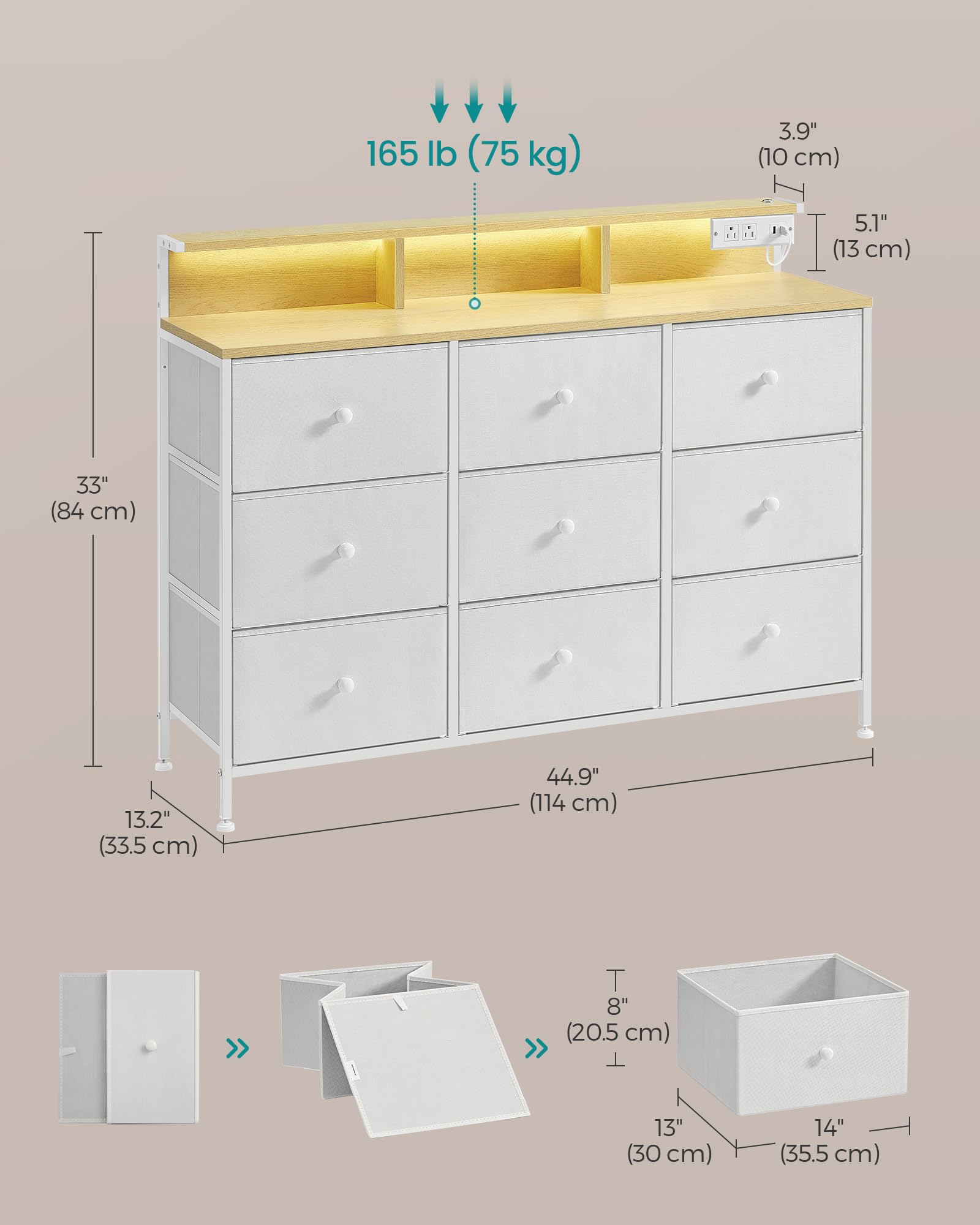 SONGMICS Dresser for Bedroom, Storage Organizer with 9 Fabric Drawers and LED Lights, Charging Station, Steel Frame, 13.2 x 44.9 x 33 Inches, Entryway, Cloud White ULTS519W01