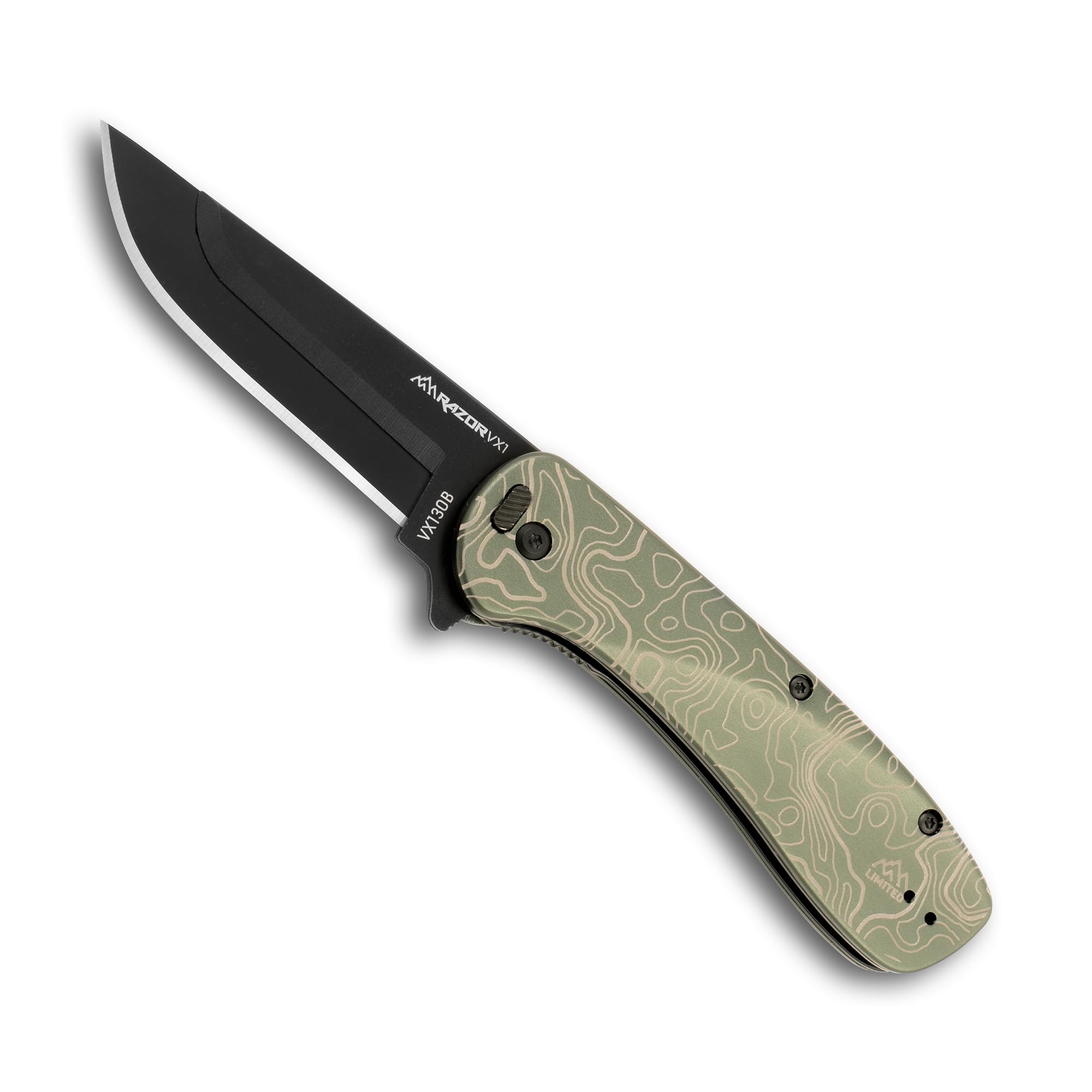 OUTDOOR EDGE RAZOR VX1 | Topo Map Etching | Replaceable Blade EDC Flipper Folding Pocket Knife | 3" Stainless Blade, Green Anodized Aluminum Handle, Reversible Pocket Clip | Cool Knife for Men