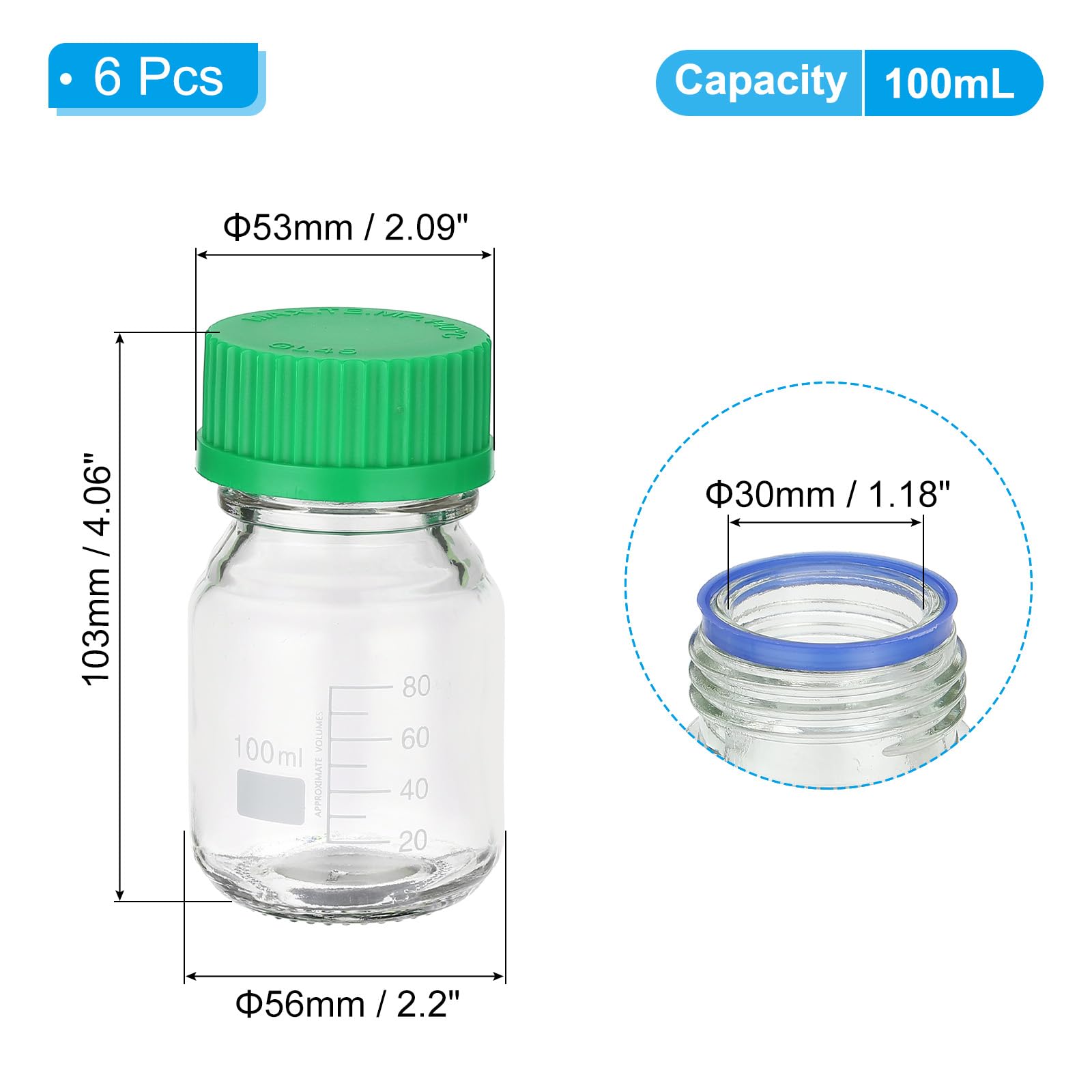 PATIKIL 6 Pack Reagent Media Storage Bottles, 100ml Borosilicate Glass Graduated Round Bottles with GL32 Green Screw Cap for Lab Water Reagent Liquids, Clear