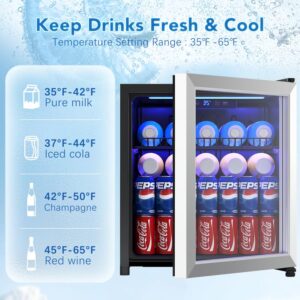 Tehanld Compact Beverage Refrigerator, 68 Can/1.75 Cubic Feet Mini Fridge with Glass Door for Soda, Beer, or Wine, Freestanding Drink Cooler with Adjustable Shelves and Digital Display, Sliver